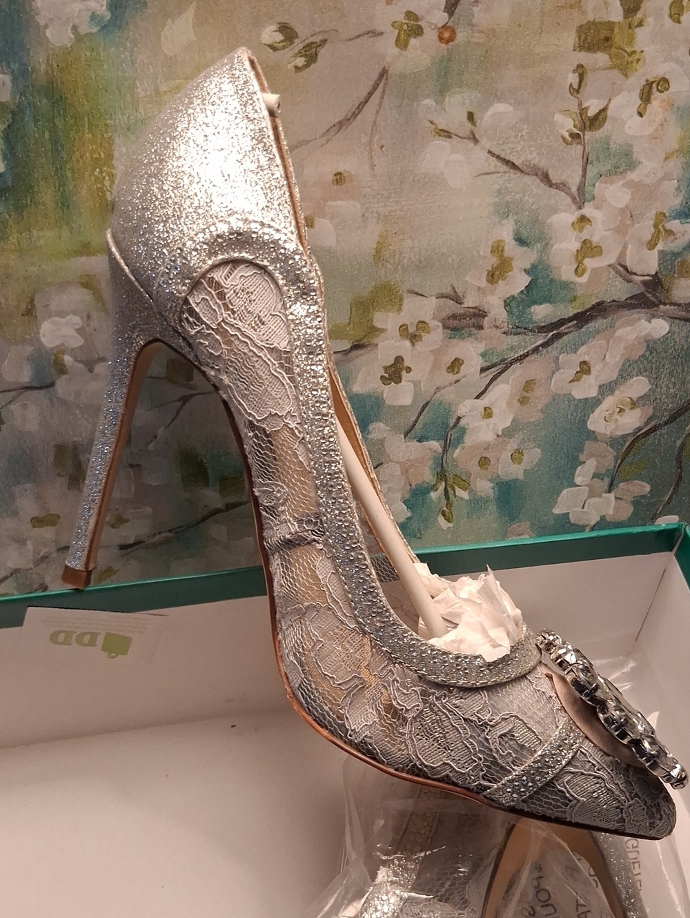 Lauren Lorraine Silver Glitter Lace Pointed-Toe Heels with Crystal Cluster - Picture 3 of 10